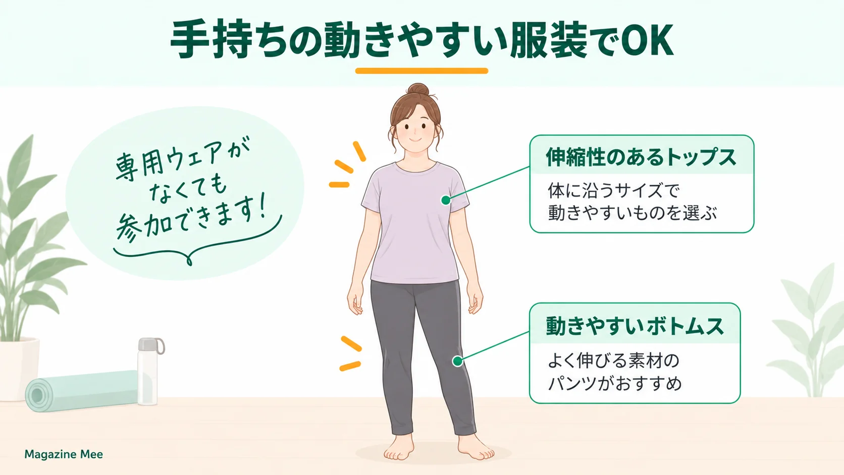 ピラティスの体験レッスンは手持ちの動きやすい服装がおすすめを説明するMagazine Meeの記事内画像